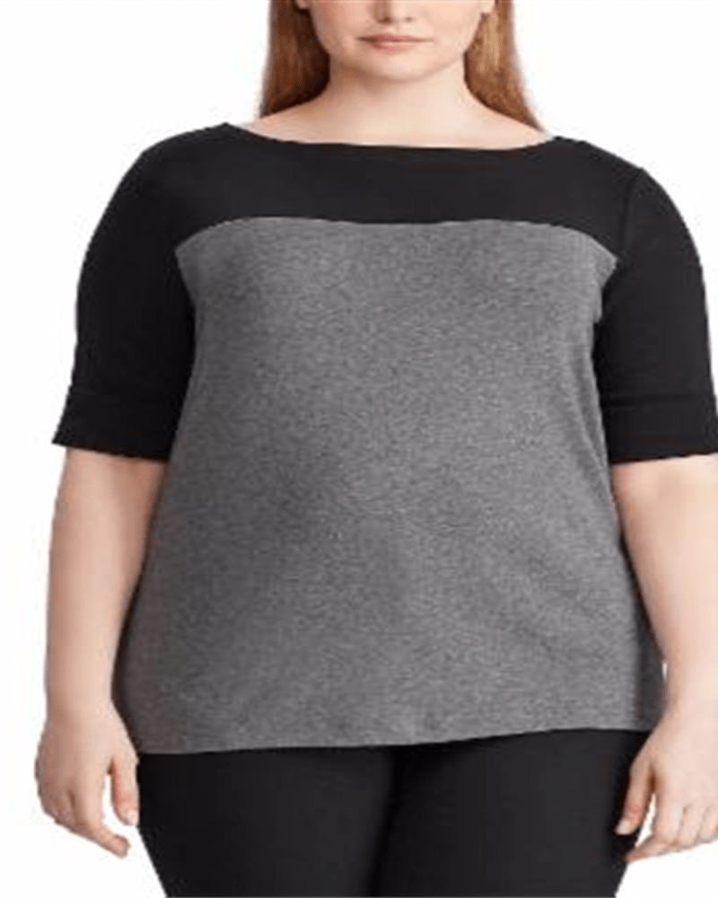 Front of a model wearing a size 3X Ralph Lauren Women's Plus Contrasting Panel Cotton Blend T-Shirt Gray Size 3X in Gray by Ralph Lauren. | dia_product_style_image_id:313897